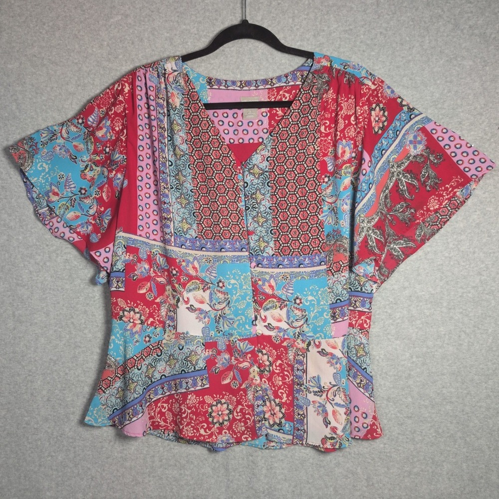 Chicos Patchwork Blouse Womens 2 (12/14) Mixed Print Button Up Boho Art to Wear